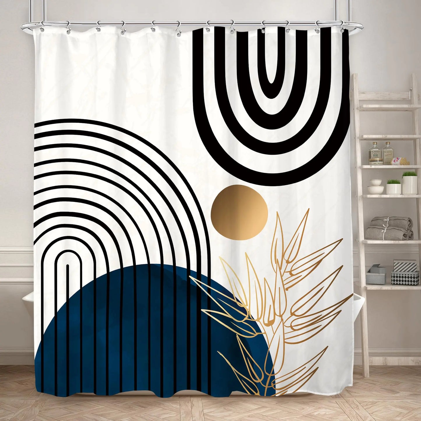 KOMLLEX Chic Abstract Shower Curtain for Bathroom Decor Boho Leaves Tropical Mid Century Simple Minimalist Fancy Modern Fabric Waterproof Polyester 12 Pack Hooks Blue Shower Curtain 72Wx84H Inches