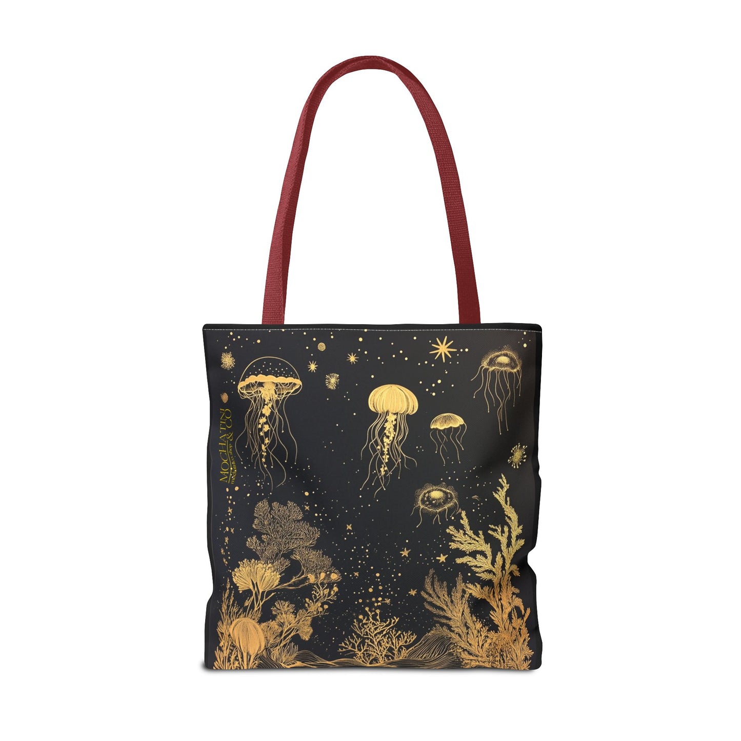 black gold fish and coral tote bag 18"