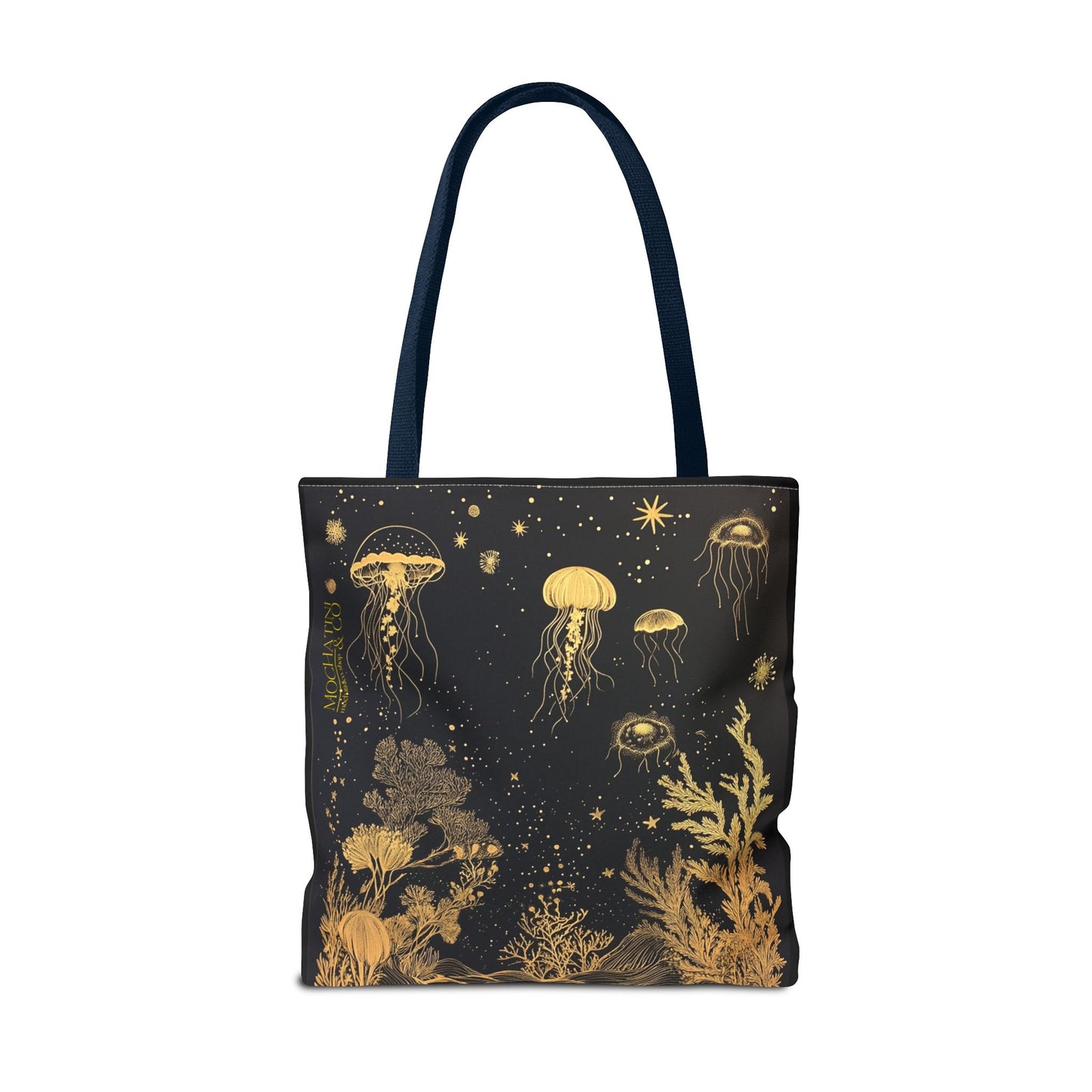 black gold fish and coral tote bag 18"