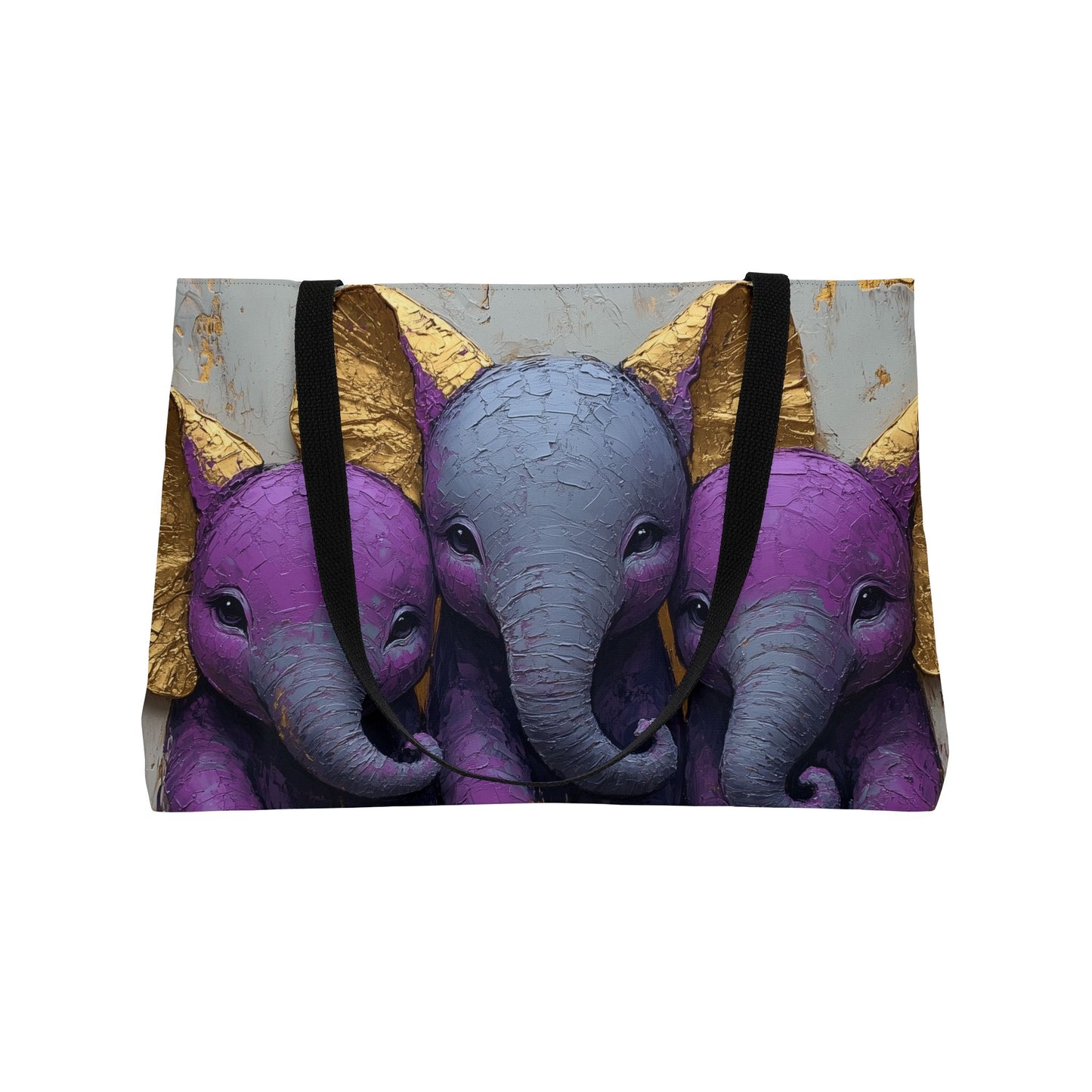 baby elephants- purple-gold large tote weekender tote bag