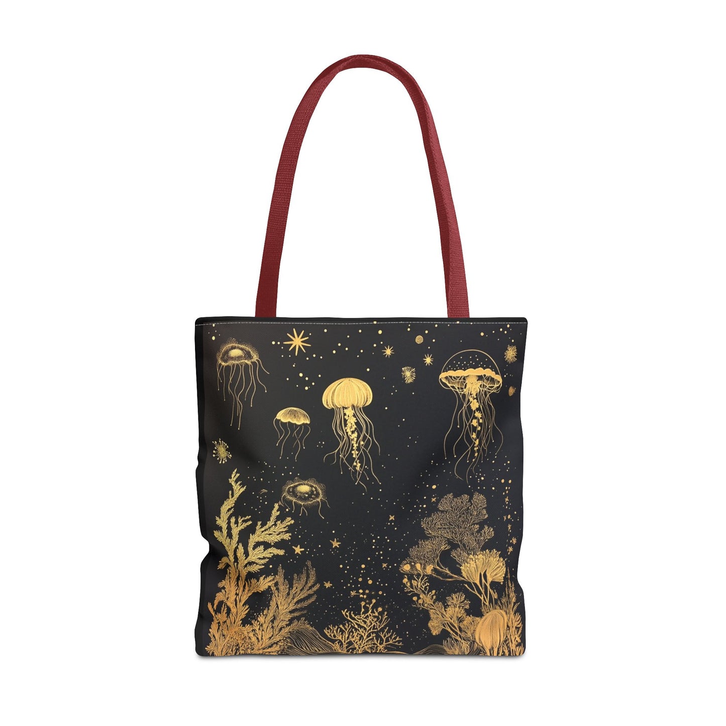 black gold fish and coral tote bag 18"