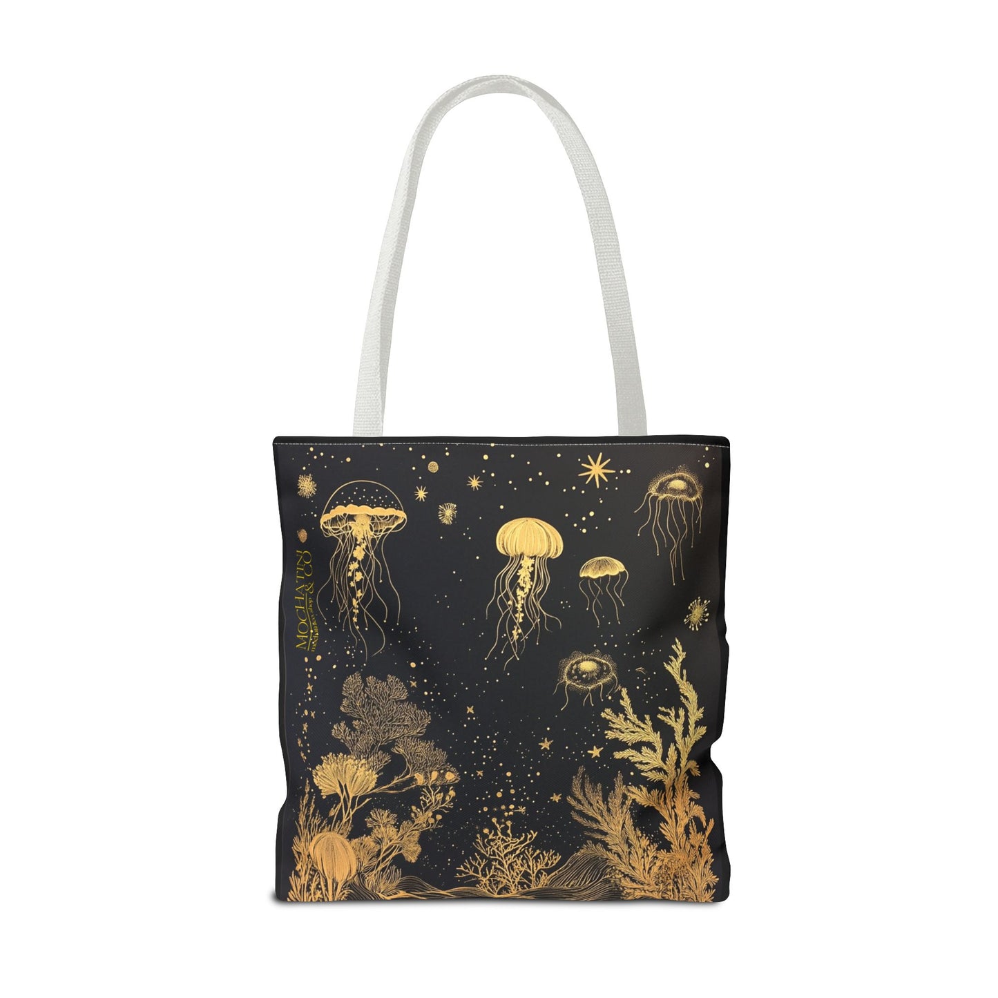 black gold fish and coral tote bag 18"