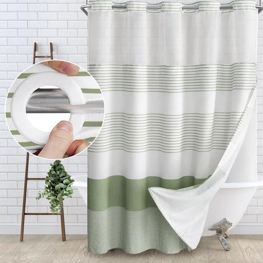Awellife No Hook Shower Curtain with Snap Cotton and Linen Blend Shower Curtain for Bathroom Boho Green Striped 75" L x 78" W