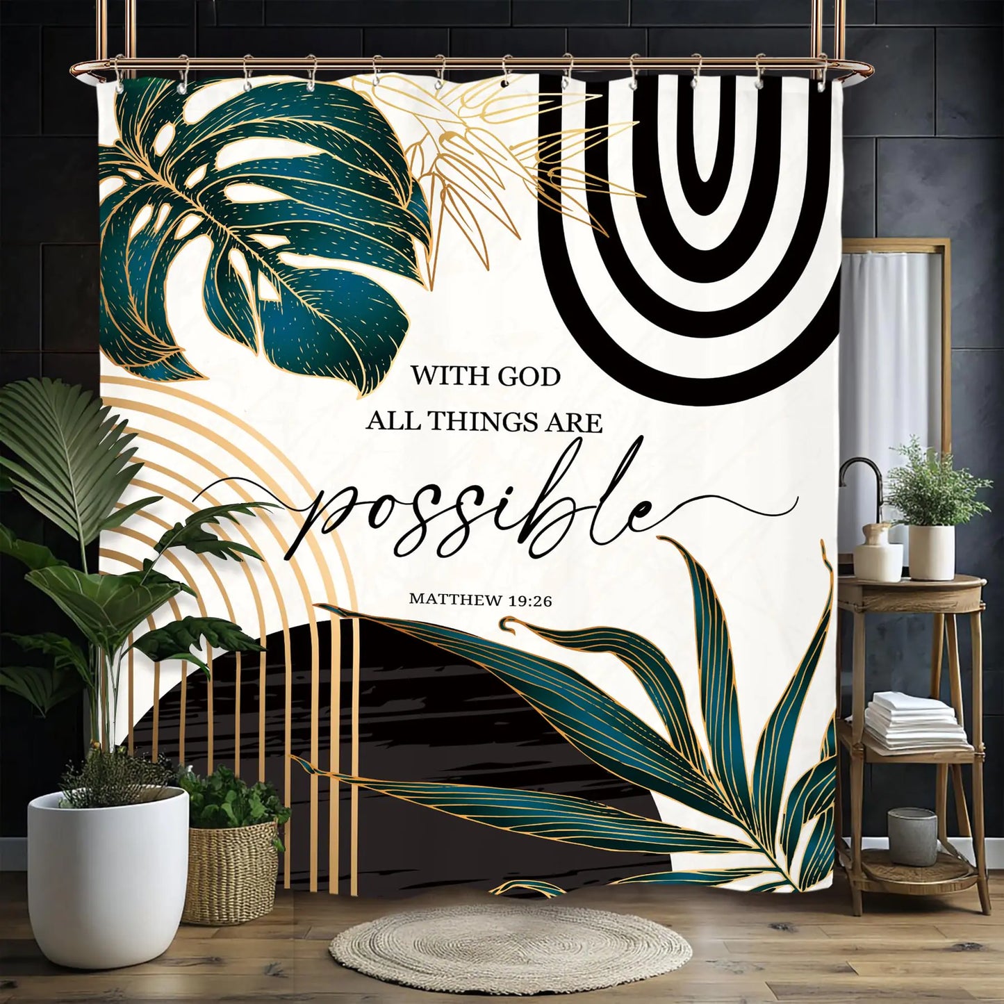 Miyotaa Abstract Bible Quotes Shower Curtain Set 60Wx71H Inches Minimalist Aesthetic Modern Contemporary Inspirational Motivational Positive Polyester Waterproof Bathroom Curtain with 12 Hooks