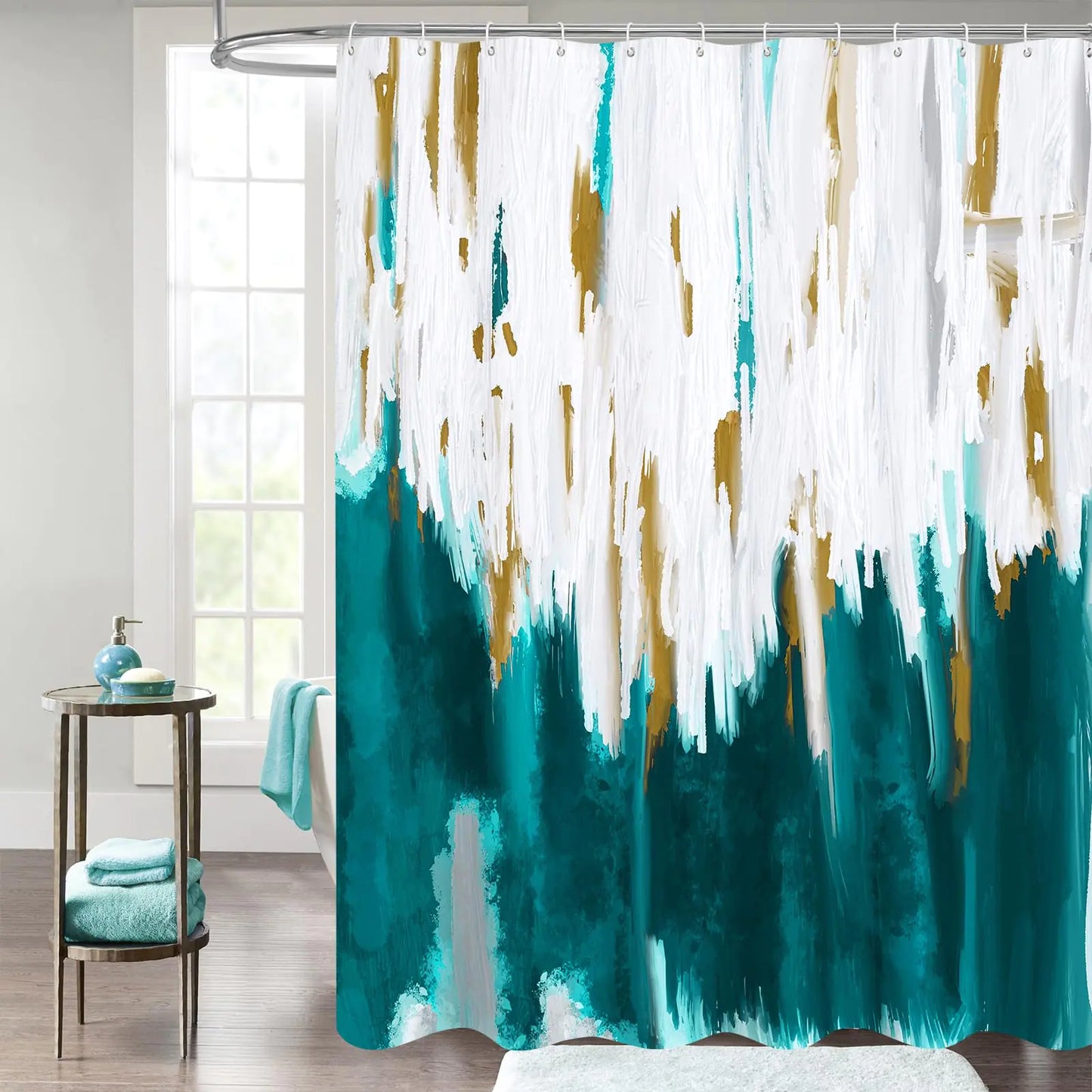 MitoVilla Teal Blue Shower Curtain Graffiti Ombre Fabric Shower Curtains for Modern Abstract Bathroom Decor Brush Strokes Oil Painting Design Turquoise 72 x 72