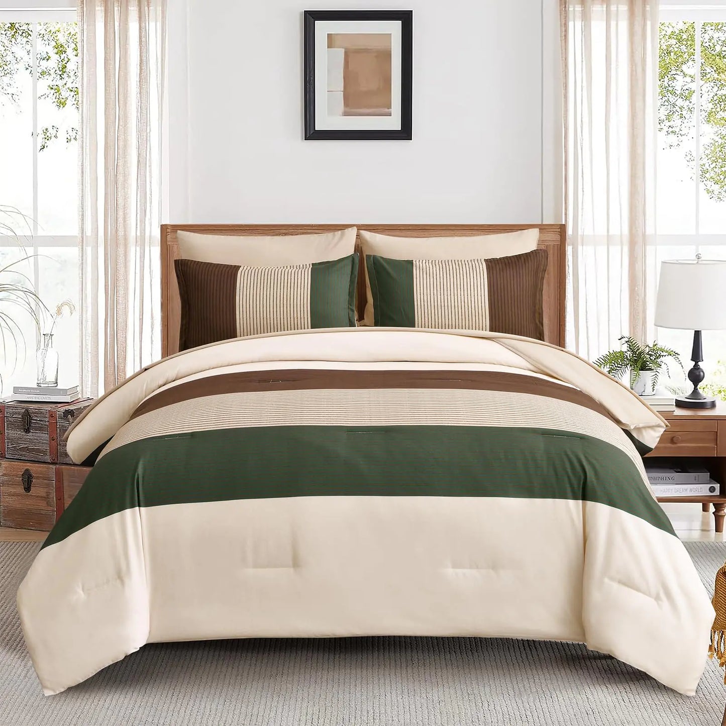 Striped Comforter Set Queen Size Boho Brown Green Striped Bedding Comforter Set 7 Piece Bed in a Bag Soft Microfiber Down Alternative Farmhouse Bedding Set for All Season(90"x90")